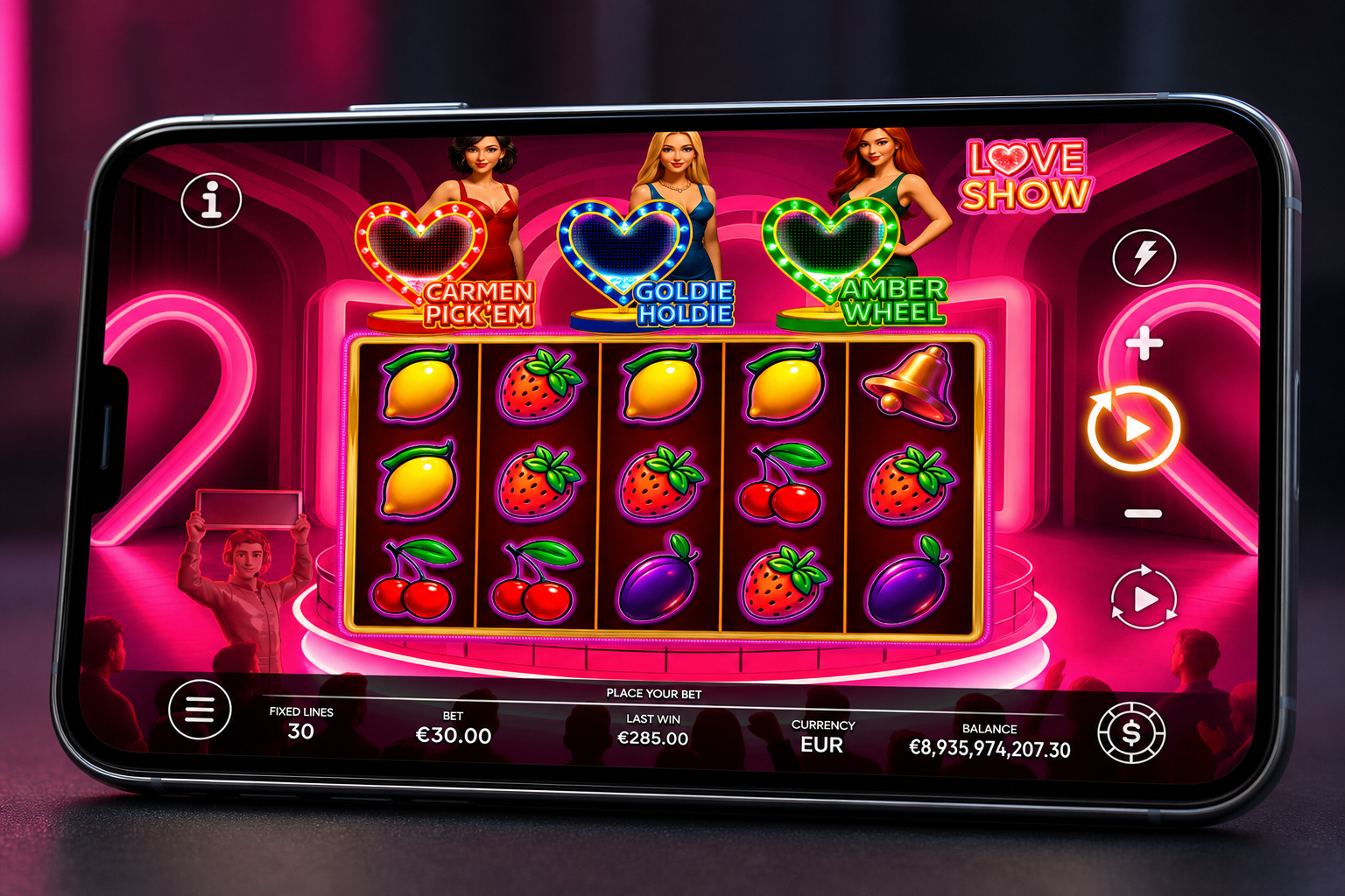 Love Show screenshot - 5x3 reels with Heart Wilds and the Amber Wheel bonus in view